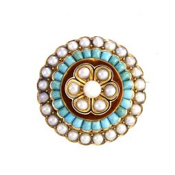 Vintage Fine Jewelry Pearl & Blue Turquoise Round Flower Brooch Pin