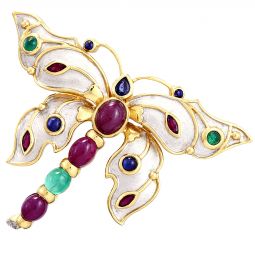 18K GOLD BUTTERFLY BROOCH WITH EMERALDS, RUBIES, SAPPHIRE AND DIAMOND STONES