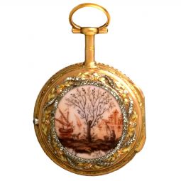 18K Multicolor Gold Verge Fusee Paste and Enamel Pocket Watch with Key