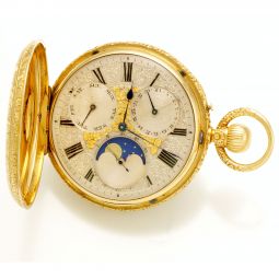 18K 18-Size English Hunter Case Pocket Watch Moon Phase Full Calendar Gold & Silver Dial - SOLD