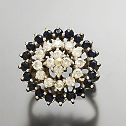 14K YELLOW GOLD DIAMOND AND BLUE SAPPHIRE CLUSTER COCKTAIL RING