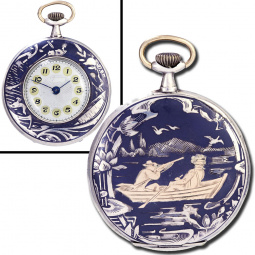 Swiss Pocket Watch | Art Nouveau Enamel Case Pocket Watch with Duck Hunter Scene & Fancy Dial