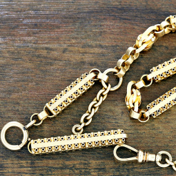 Fancy Rectangular Linked 14K Gold Pocket Watch Chain with Fancy T-Bar