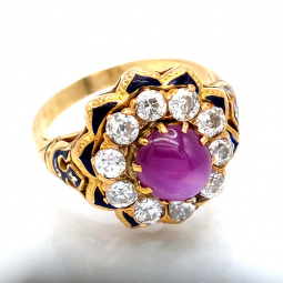 Star Sapphire Ring | 14K Pink Star Sapphire with Diamonds & Enamel Decorations