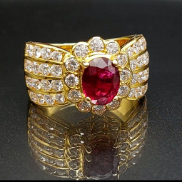 Estate Ruby and Diamond Ring | High Quality Ruby with Halo of Diamonds & Wide Band of Diamonds