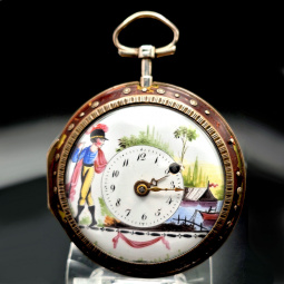 French Horn Pair Case Pocket Watch CA1780s with Enameled Dial | Verge Fusee Key Wind