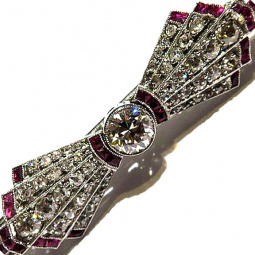 Platinum Diamond & Ruby Bow Brooch | 1.55 CTW - I/SI Diamonds (See Video)
