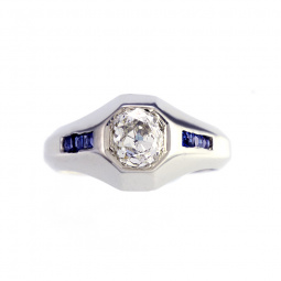 Deco Diamond Blue Sapphire Engagement Ring in 18K White Gold