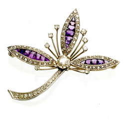 18K Gold and Platinum Diamond and Amethyst Flower Brooch with .90 CT TW Center Diamond