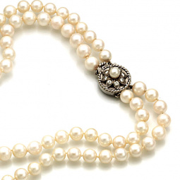 Double Strand Cultured White Pearl Necklace with Diamond Clasp | Opera Length