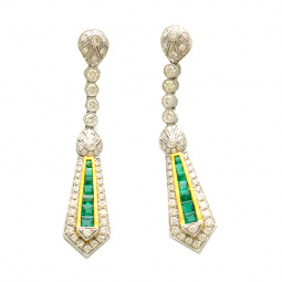 18K White Gold Diamond Emerald Drop Earrings