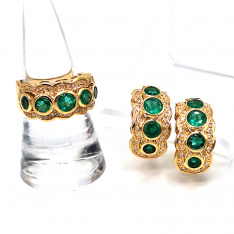 Emerald & Pave Diamond Halo Ring & Earrings | Well matched in Color In 18K Gold (See Video)