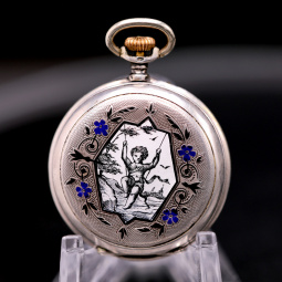 Victorian Cherub Case Pocket Watch | Woman's Silver Enameled Case Pocket Watch CA1890