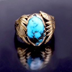Navajo American Indian Turquoise Ring Signed by Tom Ton | 14K Yellow Gold