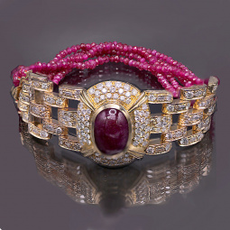 Dynamic 10CT Ruby & Pave Set Diamonds (6.5 CT TW) Ladies 18K Yellow Gold Bracelet