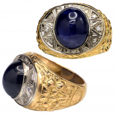 Men's Natural Blue Sapphire Ring with Round Diamond Accents, Statement Ring for Man