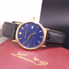14K Gold Lucien Piccard Blue Dial Quartz Wristwatch with Complete Boxes Ref#22478