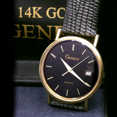 Geneve | 14K Gold Black Dial Geneve Wrist Watch CA1990s with Original Box