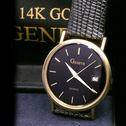 Geneve | 14K Gold Black Dial Geneve Wrist Watch CA1990s with Original Box