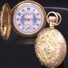 Woman’s 14K Gold Antique Waltham Pocket Watch CA1896 with Fancy Dial Hunter Case with Diamond
