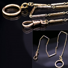 2-Tone White & Yellow Gold Filled Engraved Bar Link Pocket Watch Chain