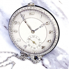 Platinum Diamond Royce Watch Co. Swiss Pendant Watch CA1920s with Platinum Chain