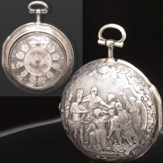 Rare Signed Silver Repousse Pair Case Wolldon Verge Fusee Pocket Watch Silver Dial Date Aperture