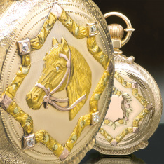 Massive 14K Gold Horse Design Box Hinge Hunter Case Pocket Watch with Diamonds E. Howard Watch Co.