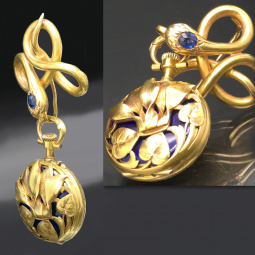 Art Nouveau 18K Gold and Enamel Pendant Watch with Blue Sapphire Serpent Pin CA1900s