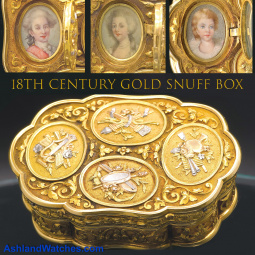 18K Multicolor Gold Snuff Box with Musical Decorations and 4 Hidden Ivory Portraits