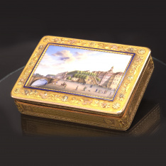 18K Multicolor Gold Box with Enamel Scene Le Roi de Sax au Vic te d’Arlin Rovet