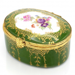 Oval French Limoges Dresser Box – Green with Floral Design & Gold Accents, Pristine Condition