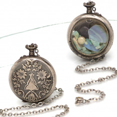 Coin Silver .800 Watch Case with Abstract Gemstone Chips – Opal, Turquoise, Pearl & Amethyst, 1”