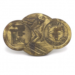 1980 Lake Placid Winter Olympics Brass Belt Buckle – Roni the Raccoon, Skier & Olympic Rings