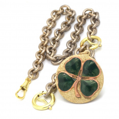 Yellow Gold Filled Pocket Watch Chain with Enameled Four Leaf Clover Fob | Chain measures 12” long