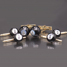 Vintage 14K Gold 8-Ball Pool Player Cufflinks & Stud Set, Onyx & Mother of Pearl, Original Box