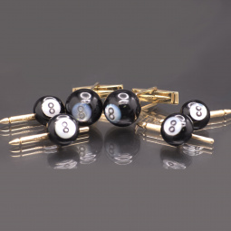Vintage 14K Gold 8-Ball Pool Player Cufflinks & Stud Set, Onyx & Mother of Pearl, Original Box
