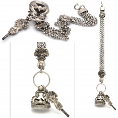 Art Nouveau Chatelain Pocket Watch Chain with Beautifully Embossed Fob & Key