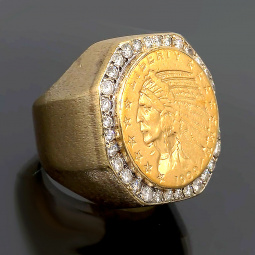 Men’s $5 Indian Head Gold Coin Diamond Halo Ring – 1.12 CT Diamonds, 14K Gold, 27.37g