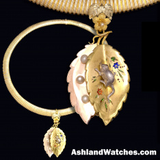 Antique Victorian Multicolor Gold Pendant of Leaves with Mouse, Pearls & Enamel