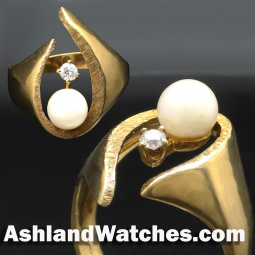 Pearl & Diamond 14K Gold Ring Open Shank Design with Abstract Elements