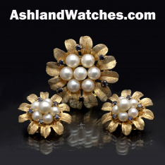 Pearl & Blue Sapphire Flower Brooch and Earrings 14K Rose Gold