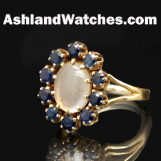 Vintage Moonstone & Sapphire Halo Ring in 14K Yellow Gold