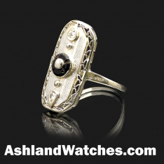 Art Deco Jet & Diamond Panel Ring 18K White Gold