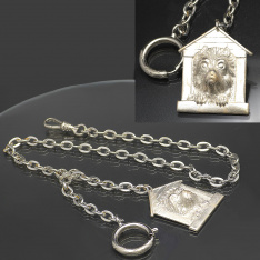 Vintage Nickel Plated Pocket Watch Chain with Dog in Doghouse Fob – 14”