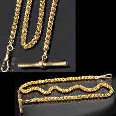 Vintage 10K Rose Gold Fancy Link Pocket Watch Chain with Gold Filled T-Bar – 16.79g Near Mint