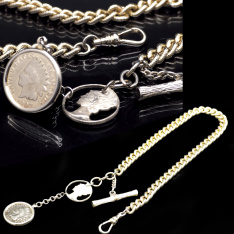 Vintage Rolled Gold Plate Curb Link Pocket Watch Chain T-Bar & Indian Head / Mercury Dime Coin Fobs