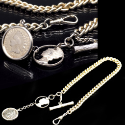 Vintage Rolled Gold Plate Curb Link Pocket Watch Chain T-Bar & Indian Head / Mercury Dime Coin Fobs