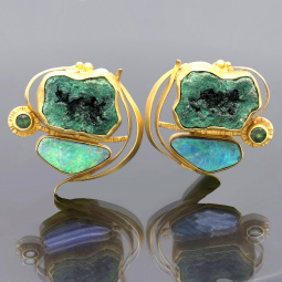 18K Yellow Gold Opal & Quartz Geode Earrings – 30mm Modern Statement | 19.28g