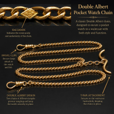 Vintage 14K Rose Gold 22" Double Albert Pocket Watch Chain with T-Bar